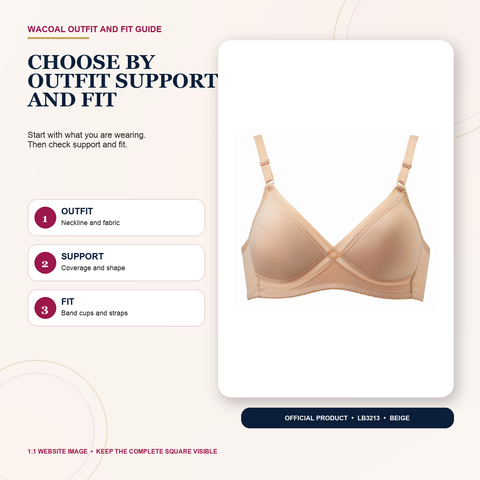 Official beige Wacoal LB3213 non-wired T-shirt bra photograph with prompts to choose by outfit, support and fit.