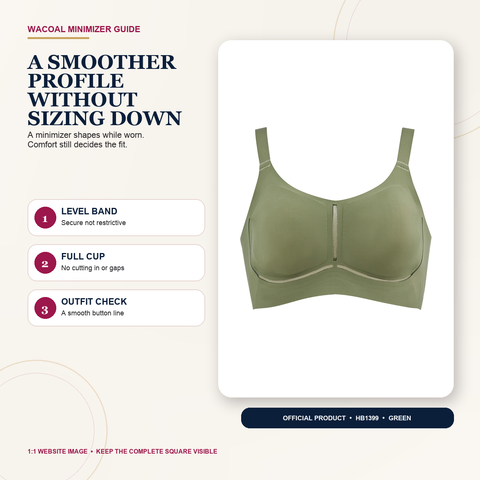 Official green Wacoal HB1399 non-wired minimizer bra photograph with three comfortable-fit checks.