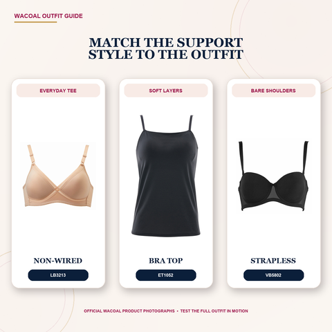 Official Wacoal product photographs matching LB3213 non-wired bra, ET1052 bra top and VB5802 strapless bra to outfit needs.