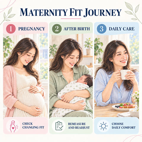 Lifelike editorial illustration of one distinct young adult mother during pregnancy, holding her newborn after birth, then enjoying an ordinary morning. The three stage-specific fit cues are clear; no bra or product is depicted.