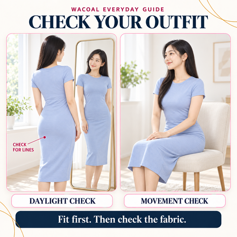 Educational illustration showing a woman checking a fitted dress in daylight and while seated for visible lines and fit.