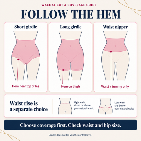 Generic short-girdle, long-girdle and waist-nipper coverage comparison, with waist rise shown separately.
