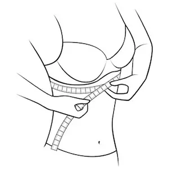 Illustration of a tape measure held level directly under the bust to take the under-bust measurement for band size