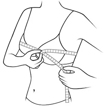 Illustration of a tape measure passed loosely over the fullest part of the bust to take the upper-bust measurement for cup size